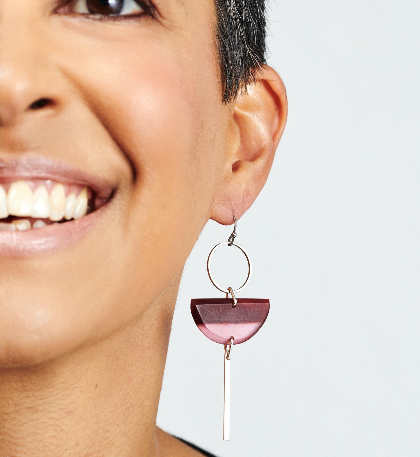 Ruby reds: half moon crimson and pink bio-resin drop earrings with silver circles