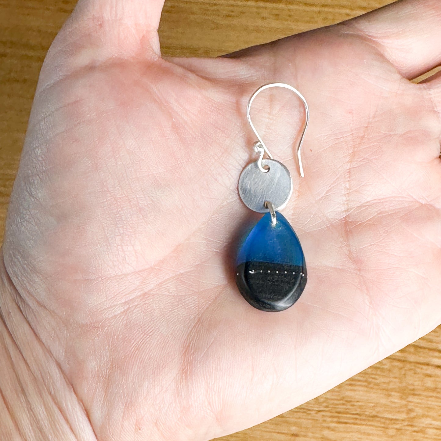 Midnight muse: cobalt and blue black teardrop bio-resin with silver discs