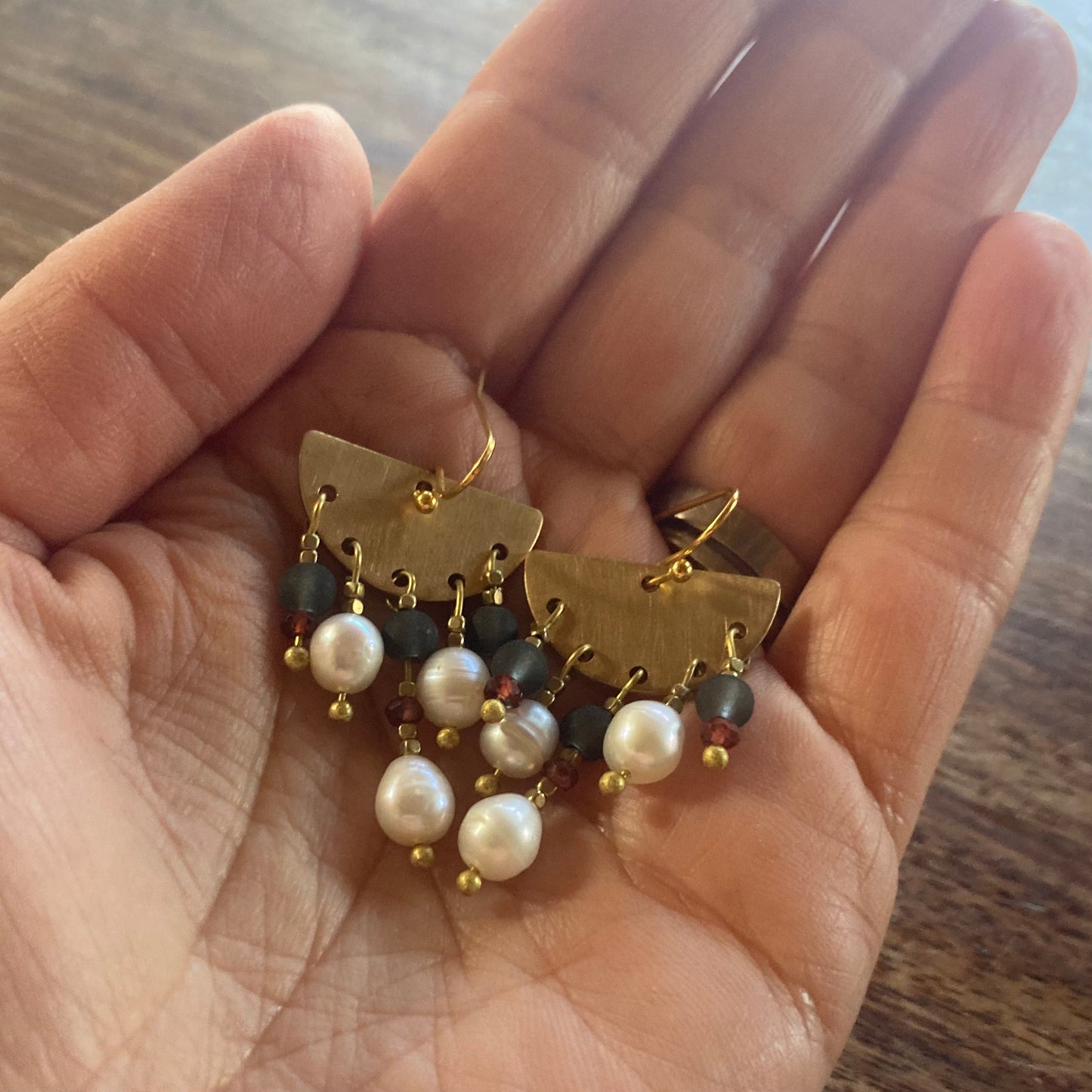 Ooh La La earrings. Featuring fancy fresh water pearls, garnet and glass beads. Gold plated earring hooks.