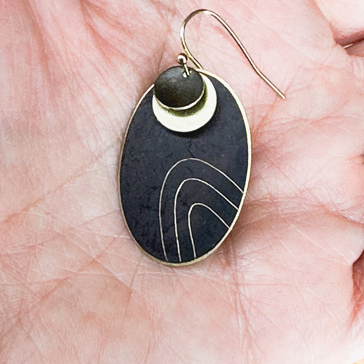 Wanderers: black oxidised metal with etched contours and brass detail