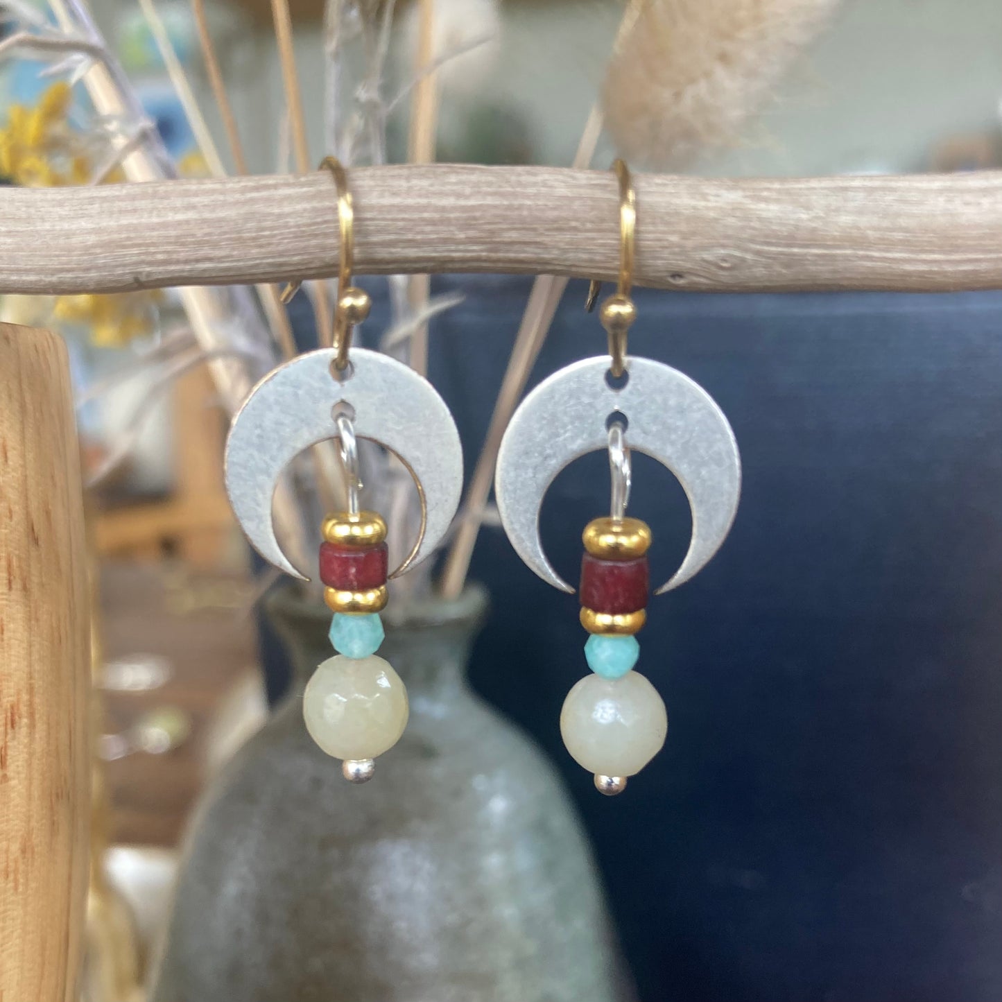 Silver plated brass earring, featuring beaded detail. A splash of colour to brighten up your day.Gold plated hooks.