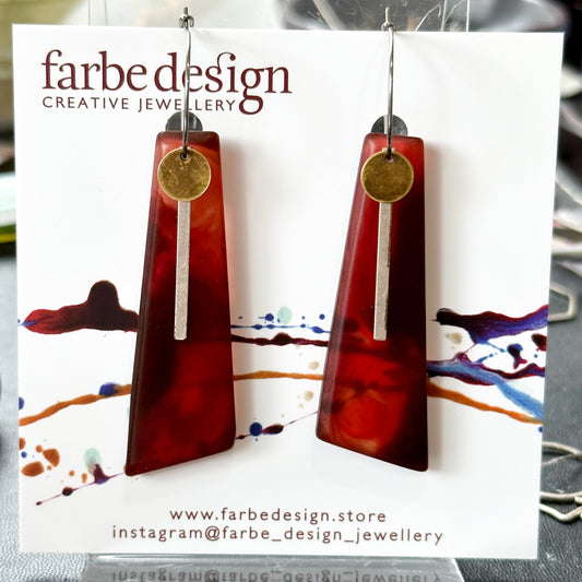 Swinging sisters- ruby red resin long drop earrings