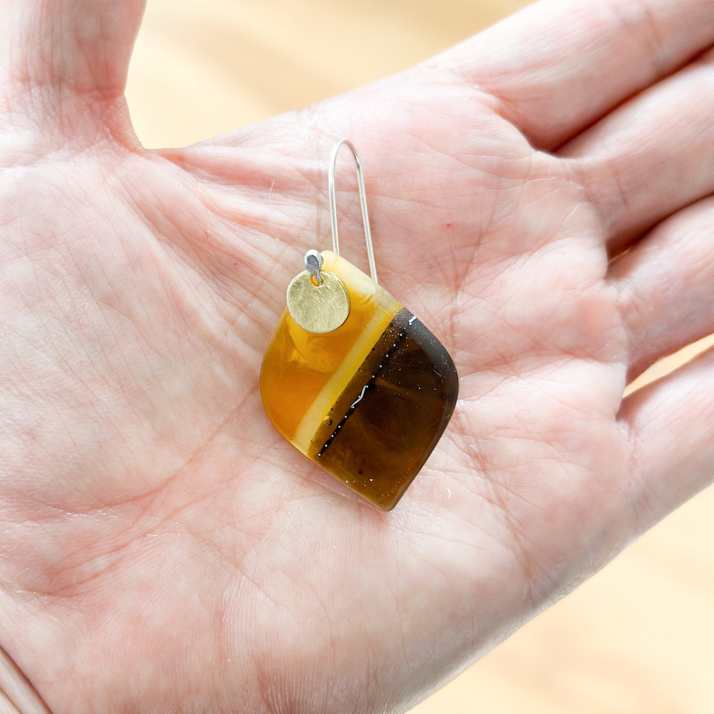 Wild things: umber and amber bio-resin drop earrings with beaten brass and stirling silver ear wire