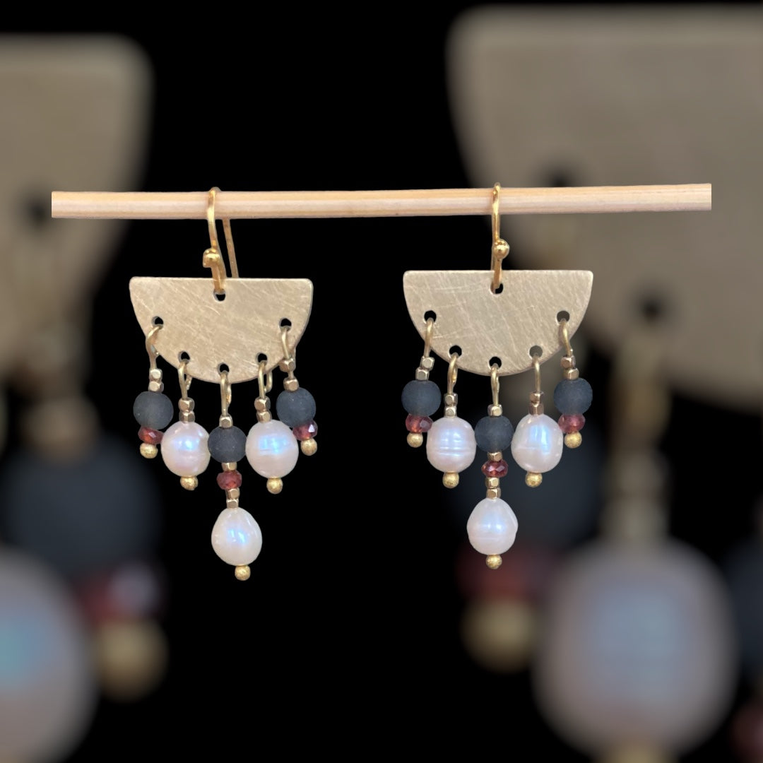 Ooh La La earrings. Featuring fancy fresh water pearls, garnet and glass beads. Gold plated earring hooks.