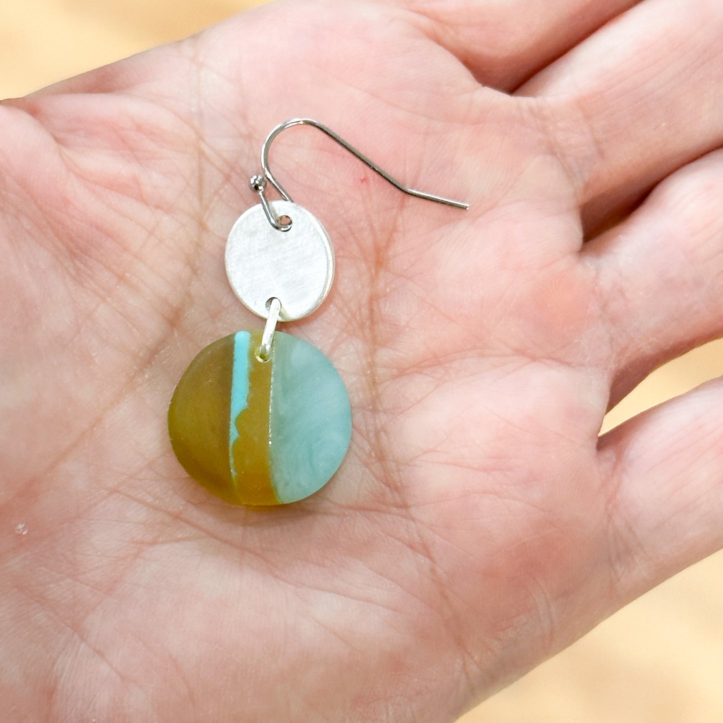 Walkerville wandering: turquoise and sea green layered bio-resin earrings with stirling silver beaten discs