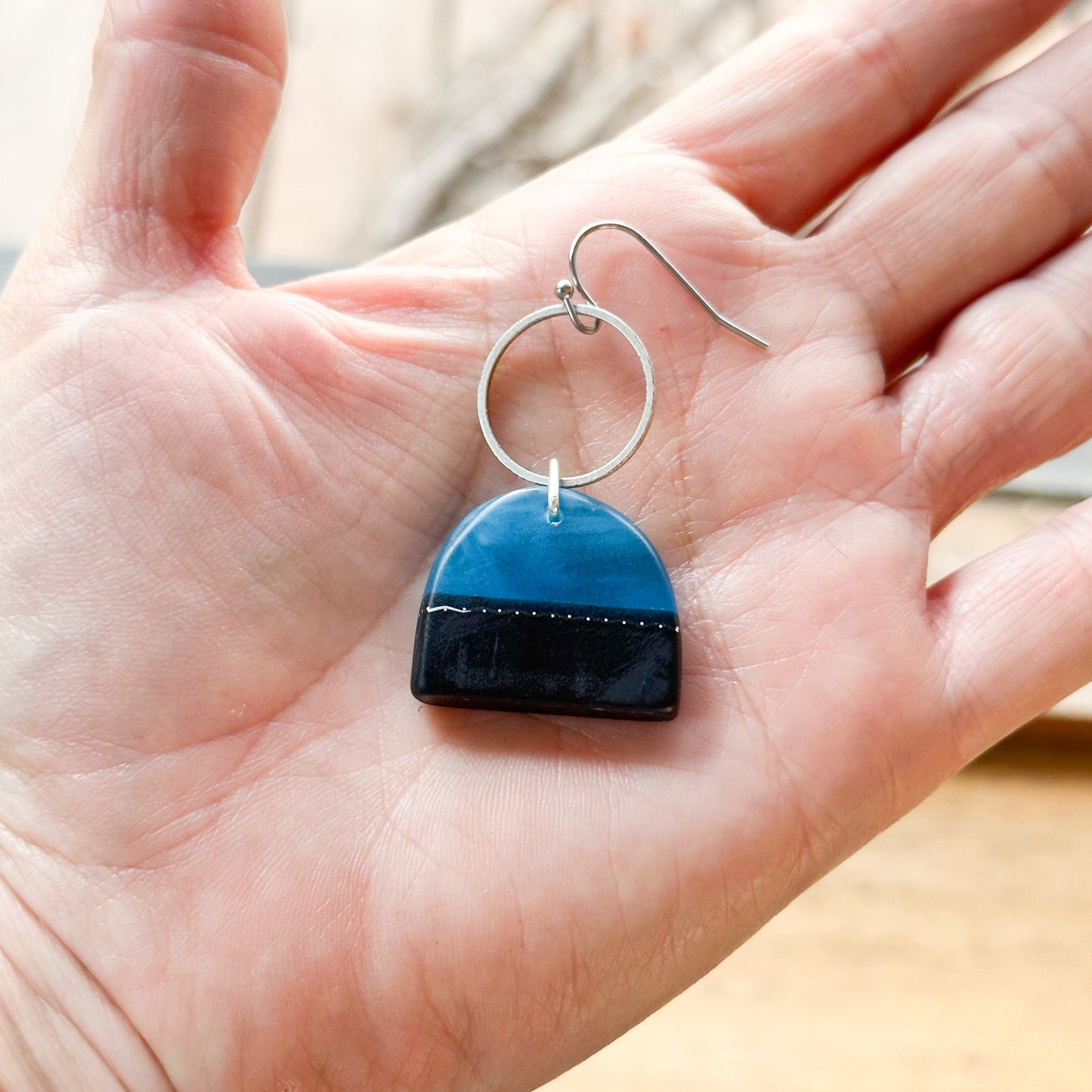 Midnight muse: cobalt and blue black bio-resin drop earrings with silver circles