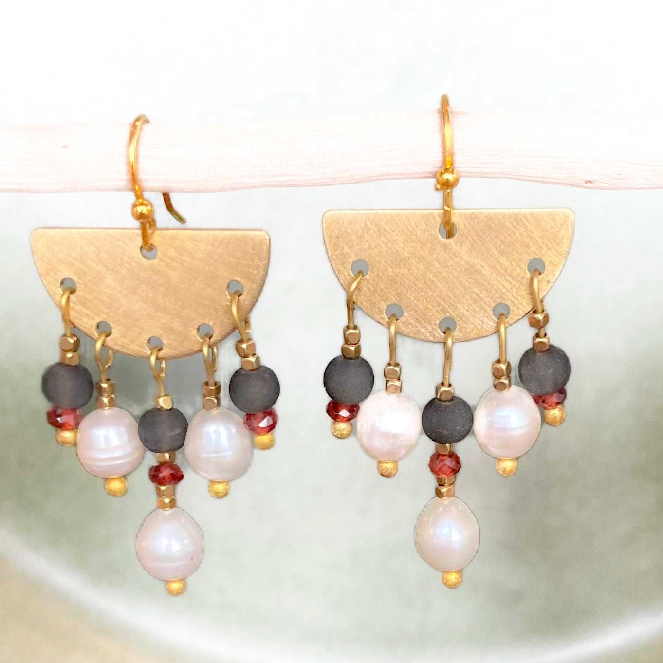 Ooh La La earrings. Featuring fancy fresh water pearls, garnet and glass beads. Gold plated earring hooks.