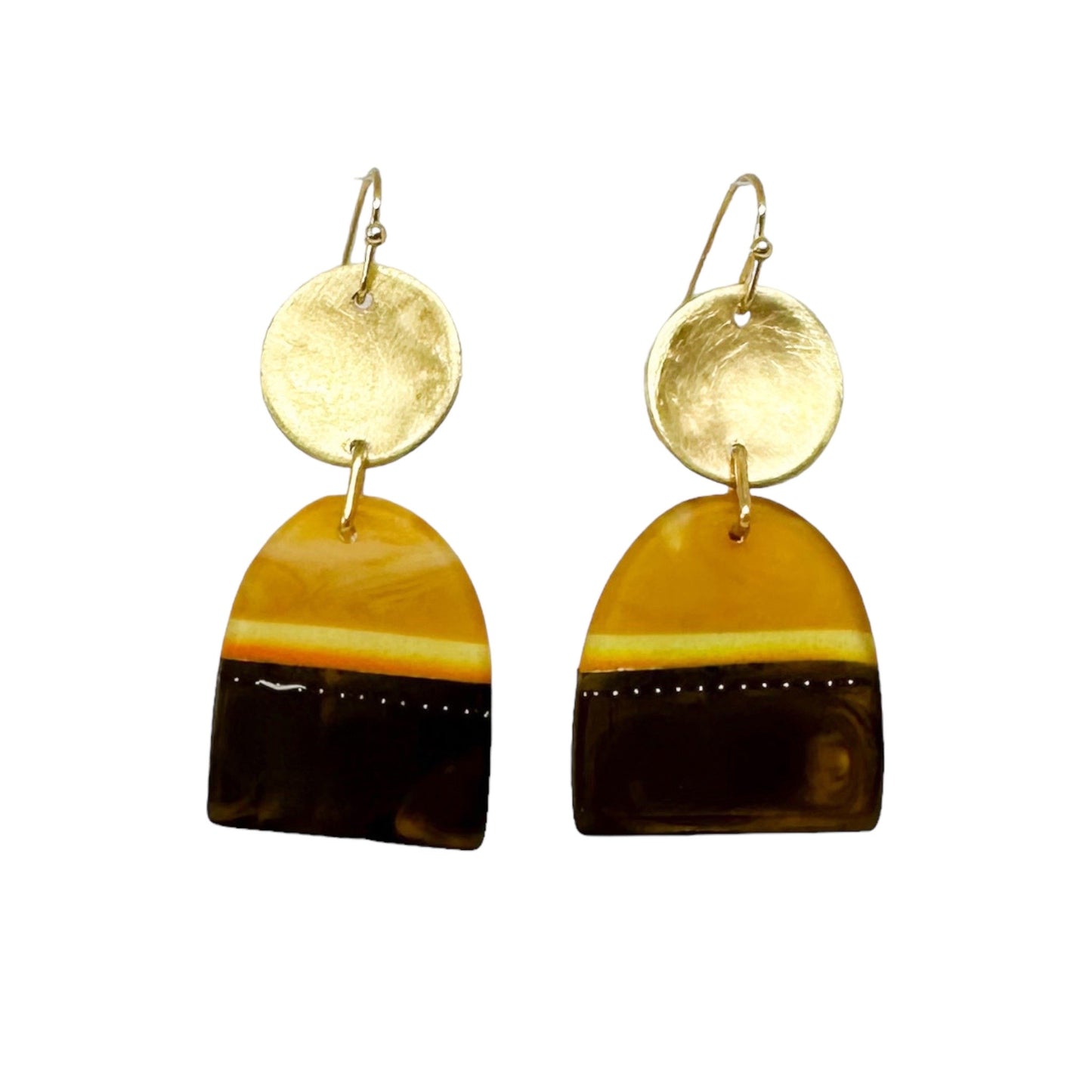 Wild things: umber and amber bio-resin drop earrings with beaten brass discs