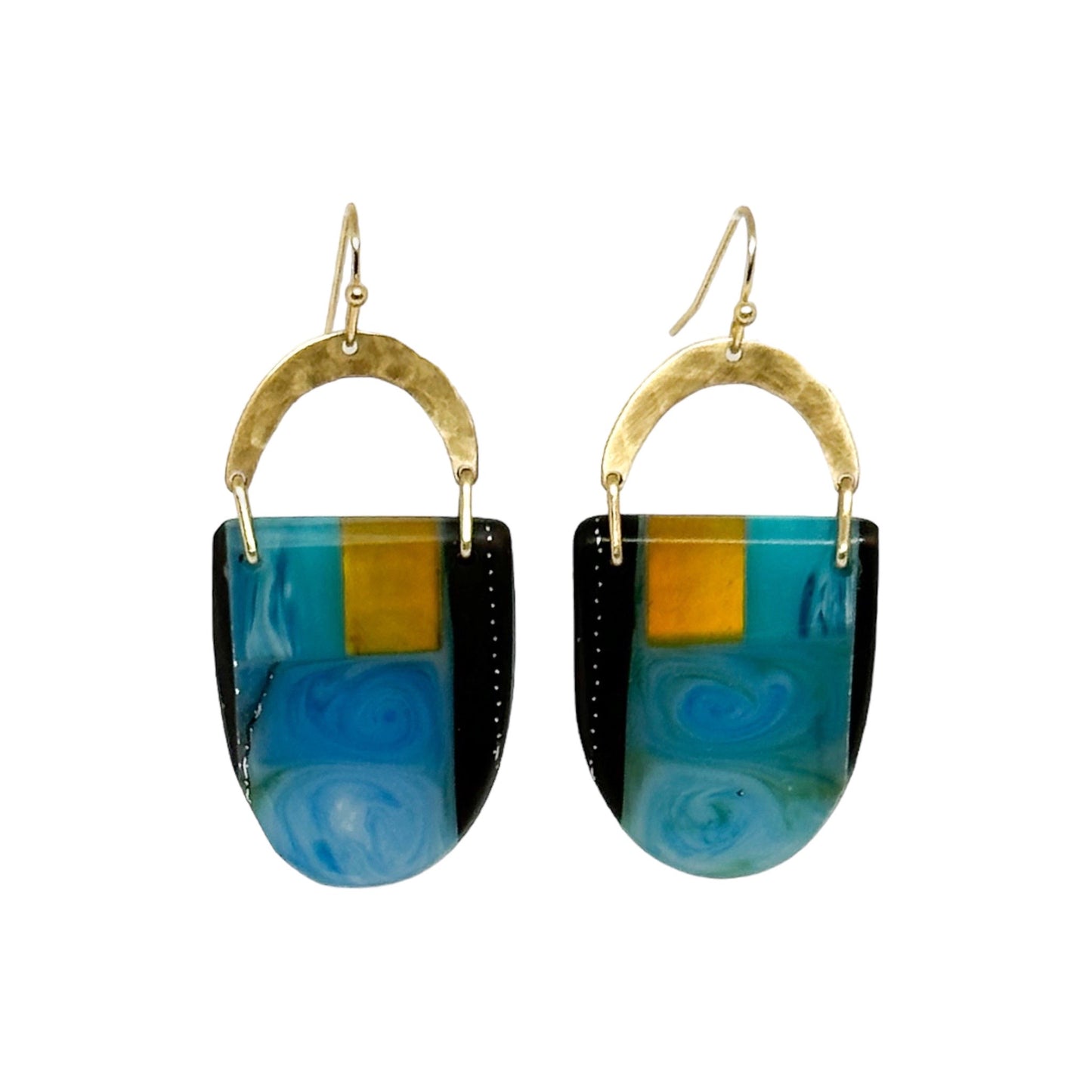 Walkerville wanderings: contemporary resin drop earrings contrast black with smokey blue and warm amber geometric accent with a brushed brass detail