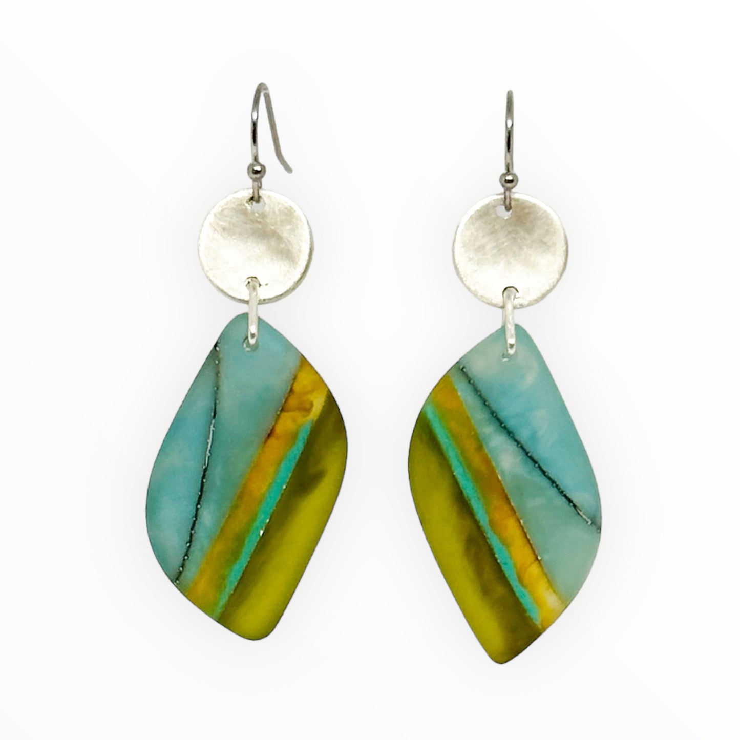 Walkerville wandering; Bio-resin drop earrings with sterling silver discslayers of oceanic blue, green and turquoise reminiscent of coastal landscapes