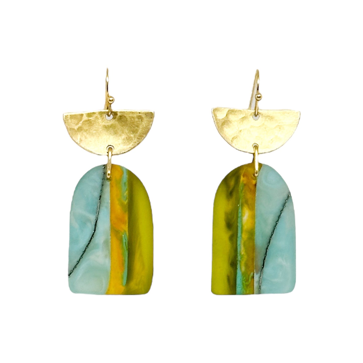 Walkerville wanderings: turquoise blue and ocean green layered bio-resin with beaten brass half moon details