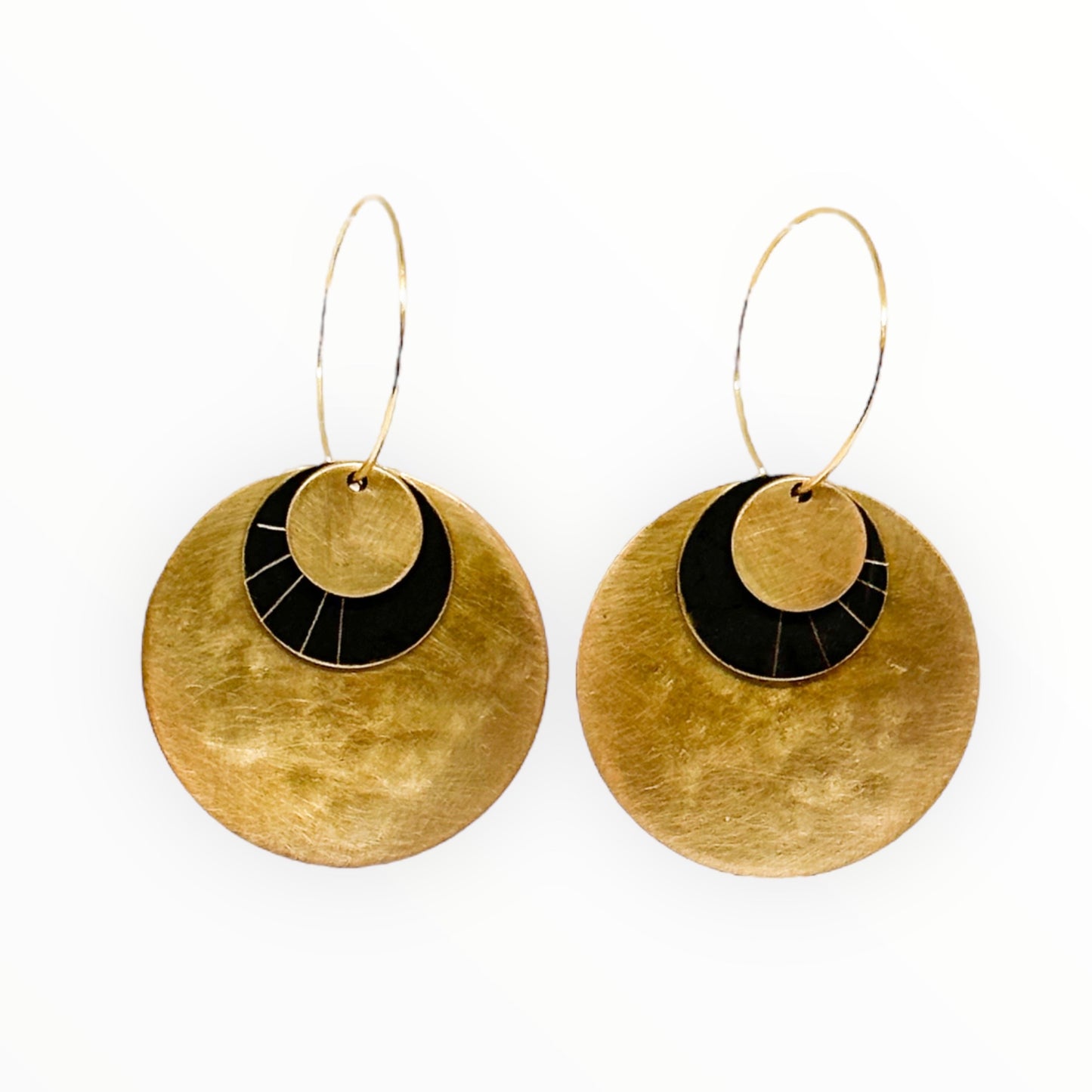 Wanderers: beaten brass disc hoops with hand etched patina metal details