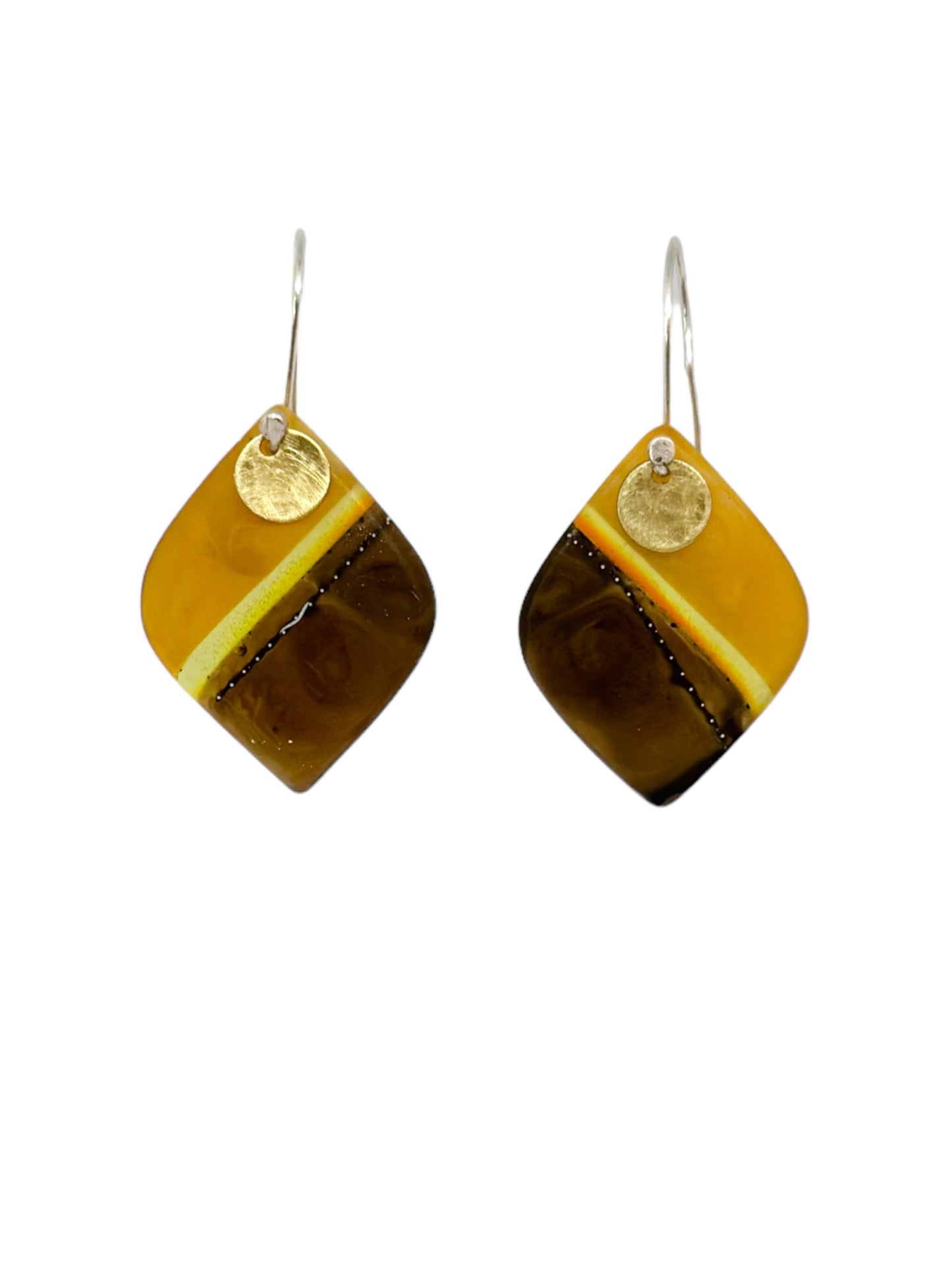 Wild things: umber and amber bio-resin drop earrings with beaten brass and stirling silver ear wire