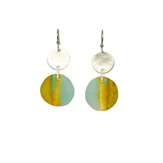 Walkerville wandering: turquoise and sea green layered bio-resin earrings with stirling silver beaten discs