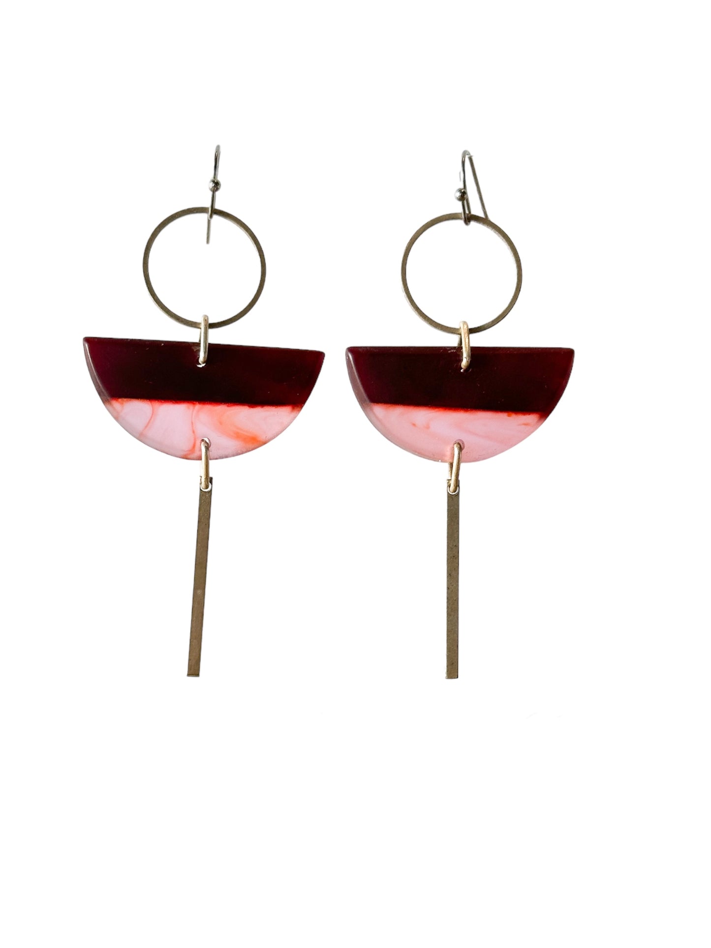 Ruby reds: half moon crimson and pink bio-resin drop earrings with silver circles