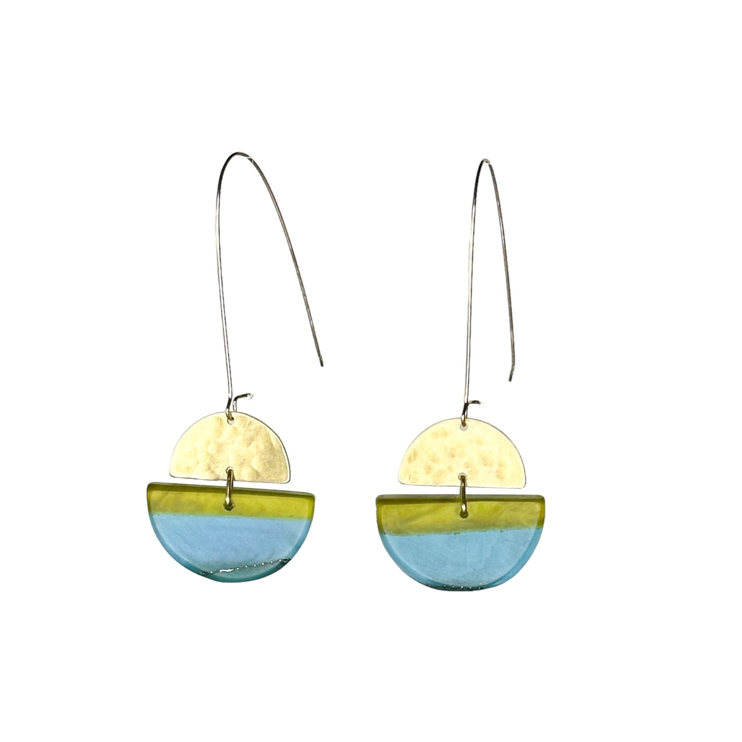 Swinging sisters: long drop turquoise and green bio-resin earrings with beaten brass half moon