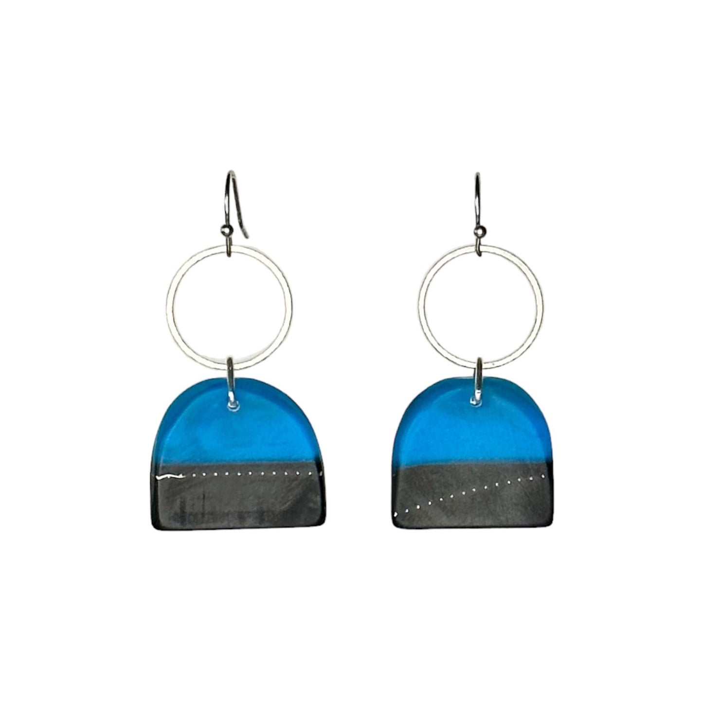 Midnight muse: cobalt and blue black bio-resin drop earrings with silver circles