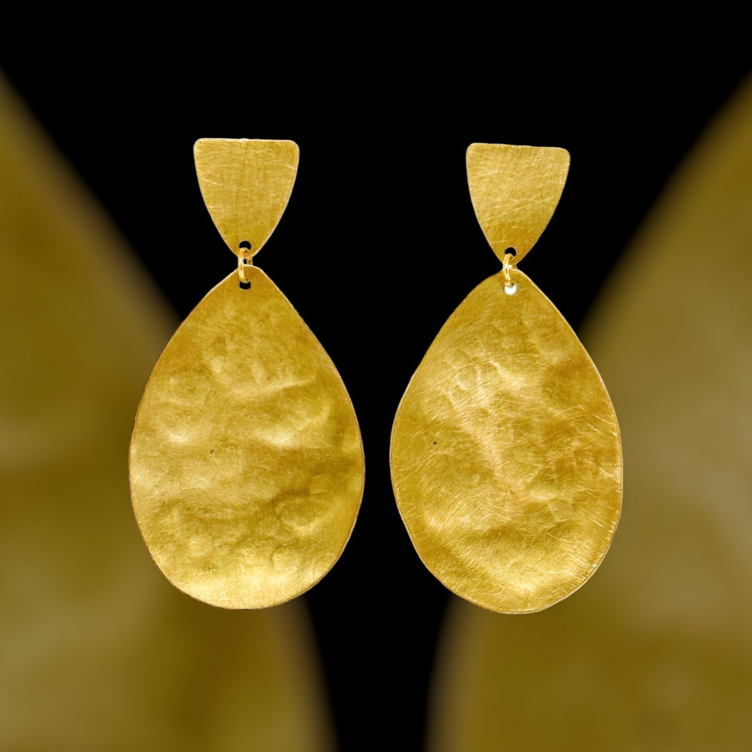 Wanderers: beaten brass tear drop dangles with contemporary triangle stud fixtures