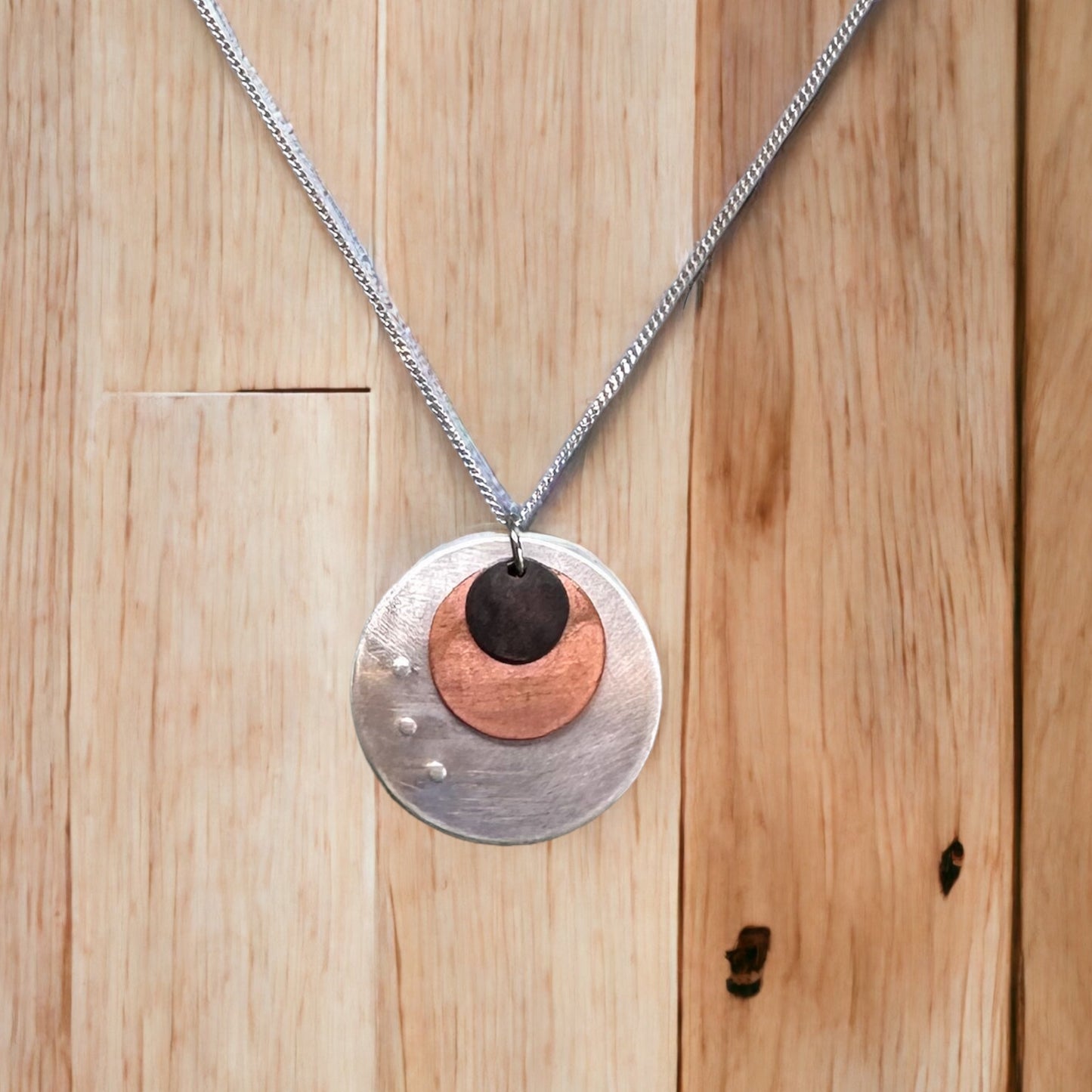 Wanderer pendant: sterling silver pendant, copper disc with sterling silver chain