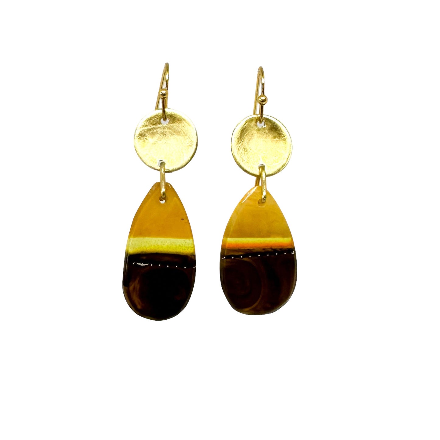 Wild things: umber and amber bio-resin tear drop earrings with beaten brass discs